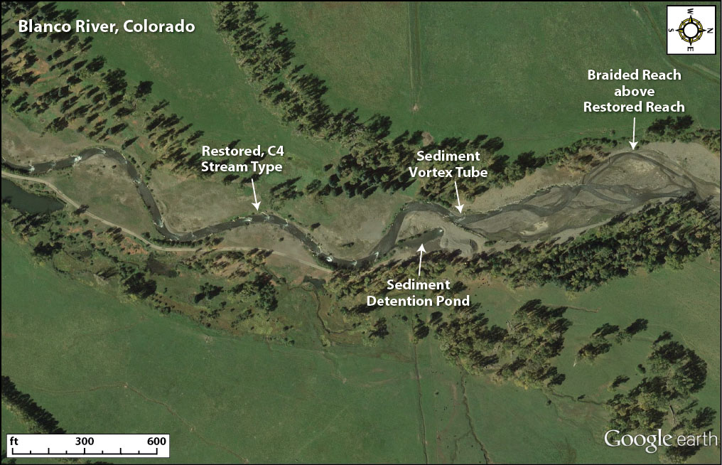 Aerial image from Google Earth in 2013 showing the retention of a single-thread, meandering C4 stream type restored in 1987 below a braided D4 stream type above the project reach