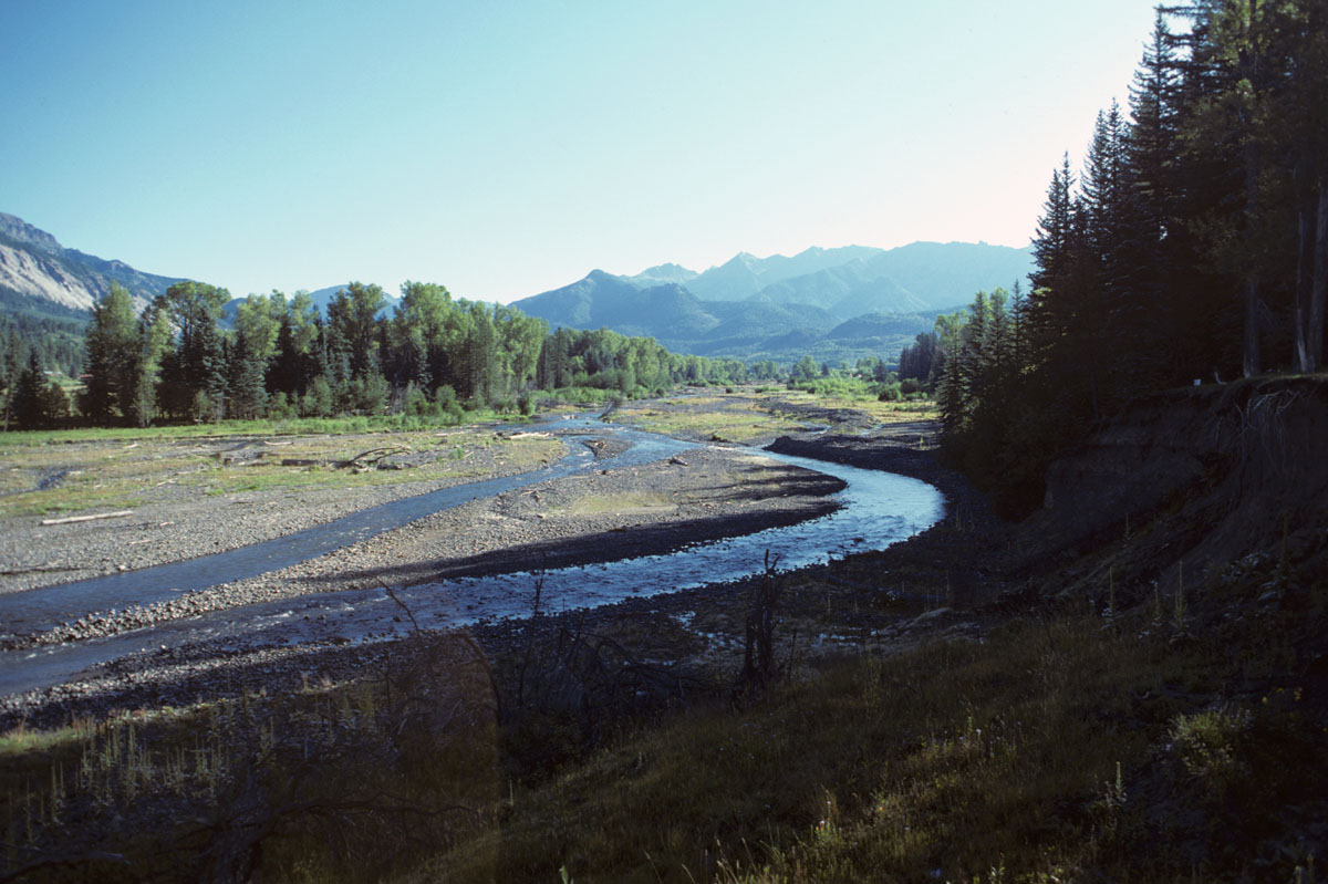 Blanco River in 1986 prior to restoration showing 600 foot wide braided reach